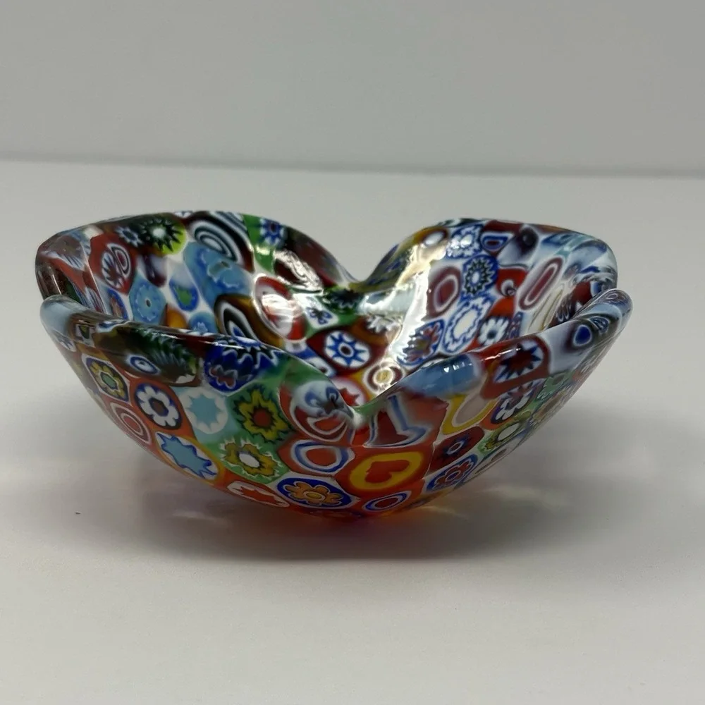Vintage Murano Millefiori Art Glass Ruffled Bowl Candy Dish Multicolor